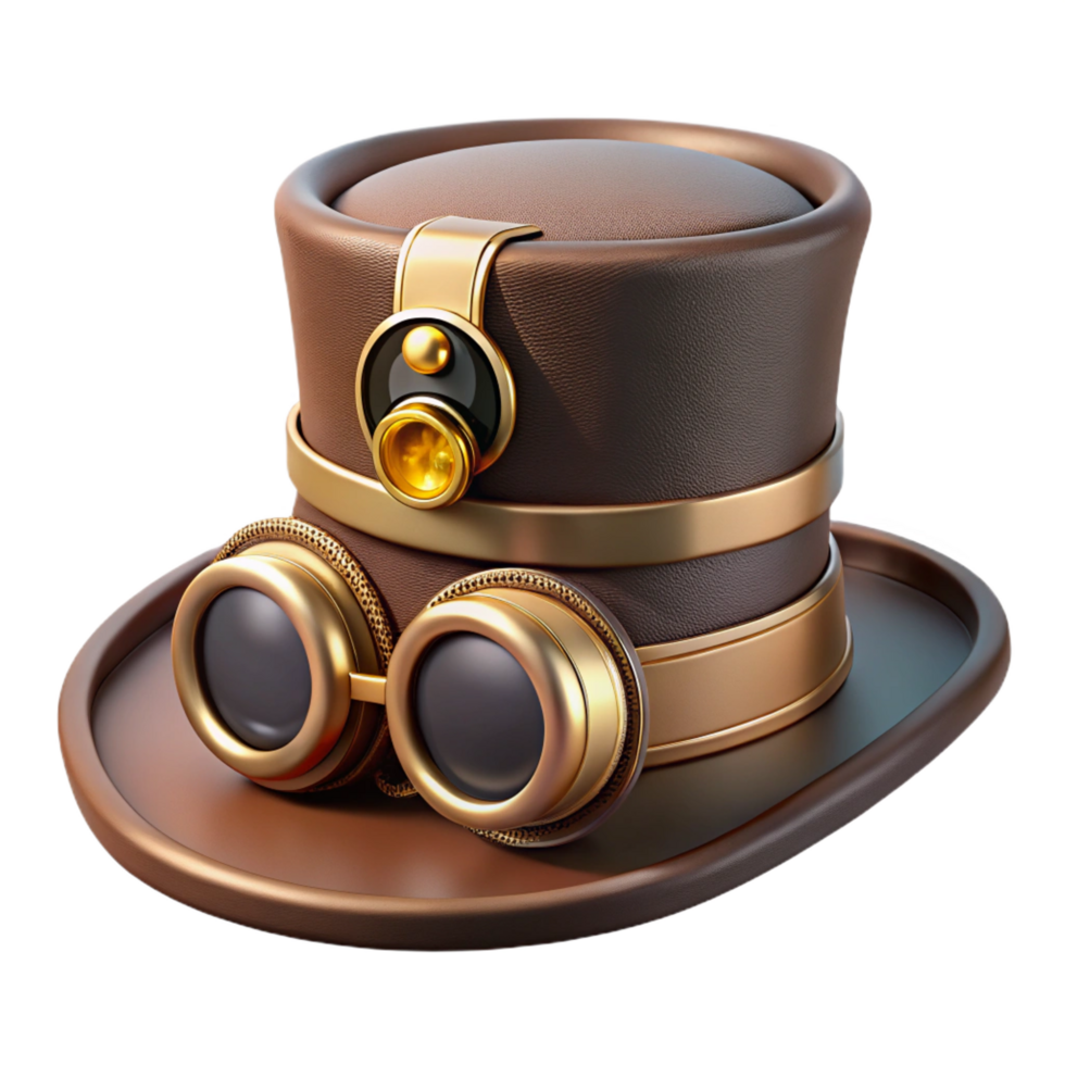 dramatic creative Steampunk top hat with goggles and brass embellishments high quality png