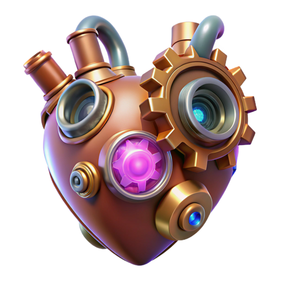 serene contemporary Steampunk heart with gears, pipes, and glowing crystals exclusive png