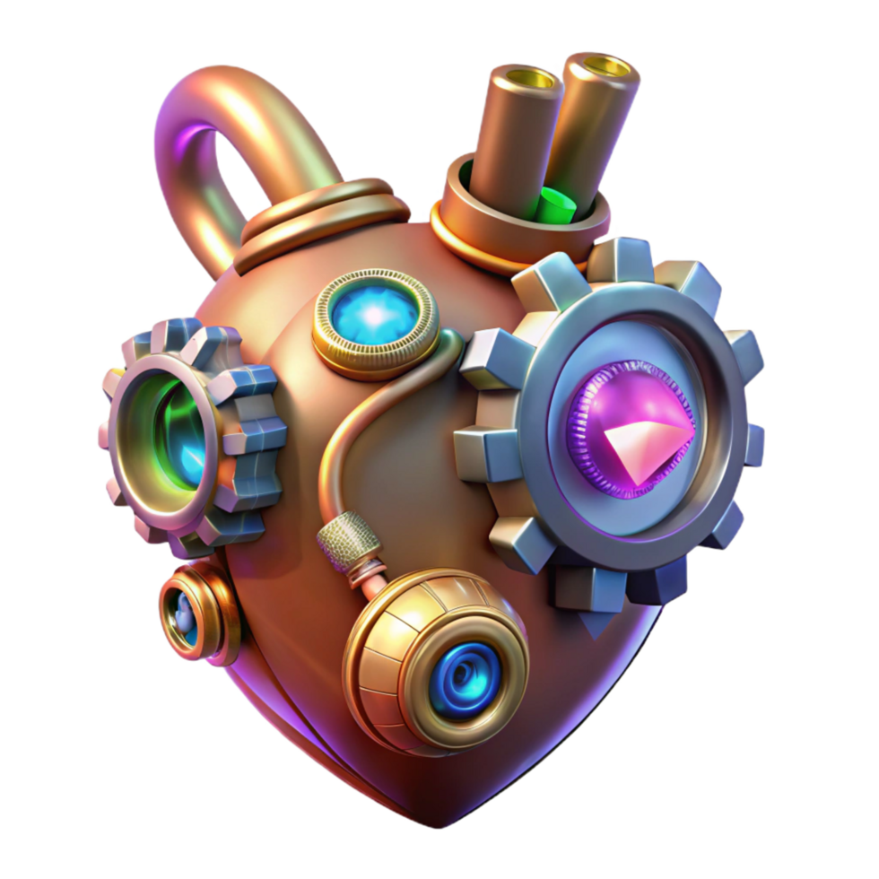 vibrant vintage Steampunk heart with gears, pipes, and glowing crystals 4K png