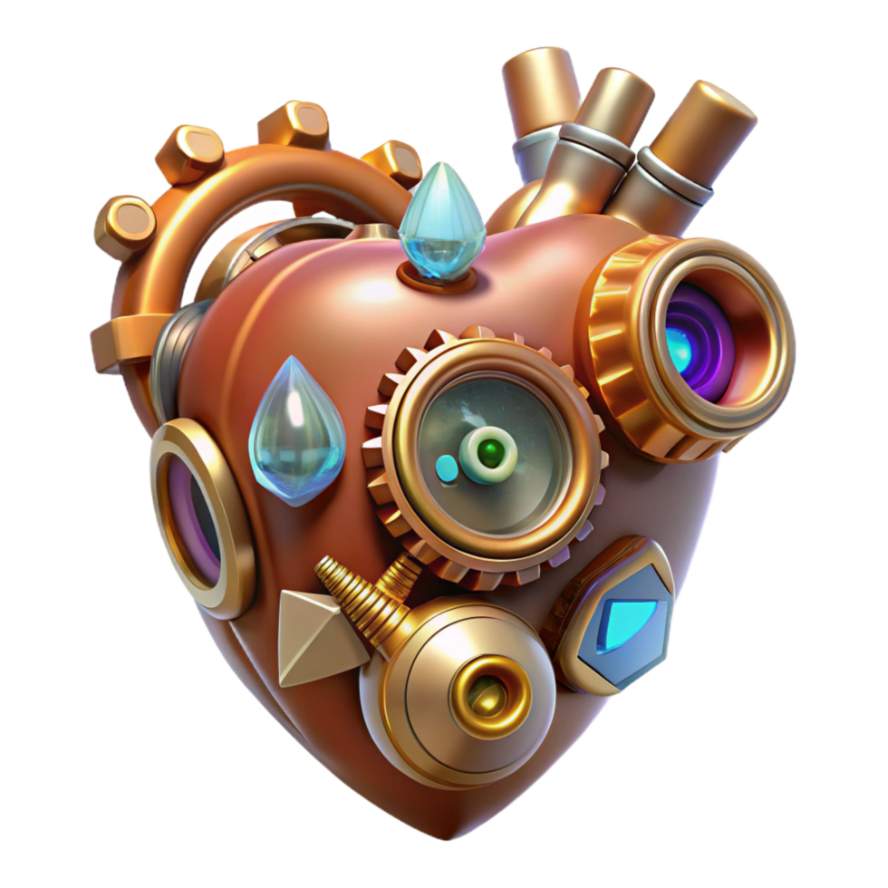 stunning classic Steampunk heart with gears, pipes, and glowing crystals high quality png