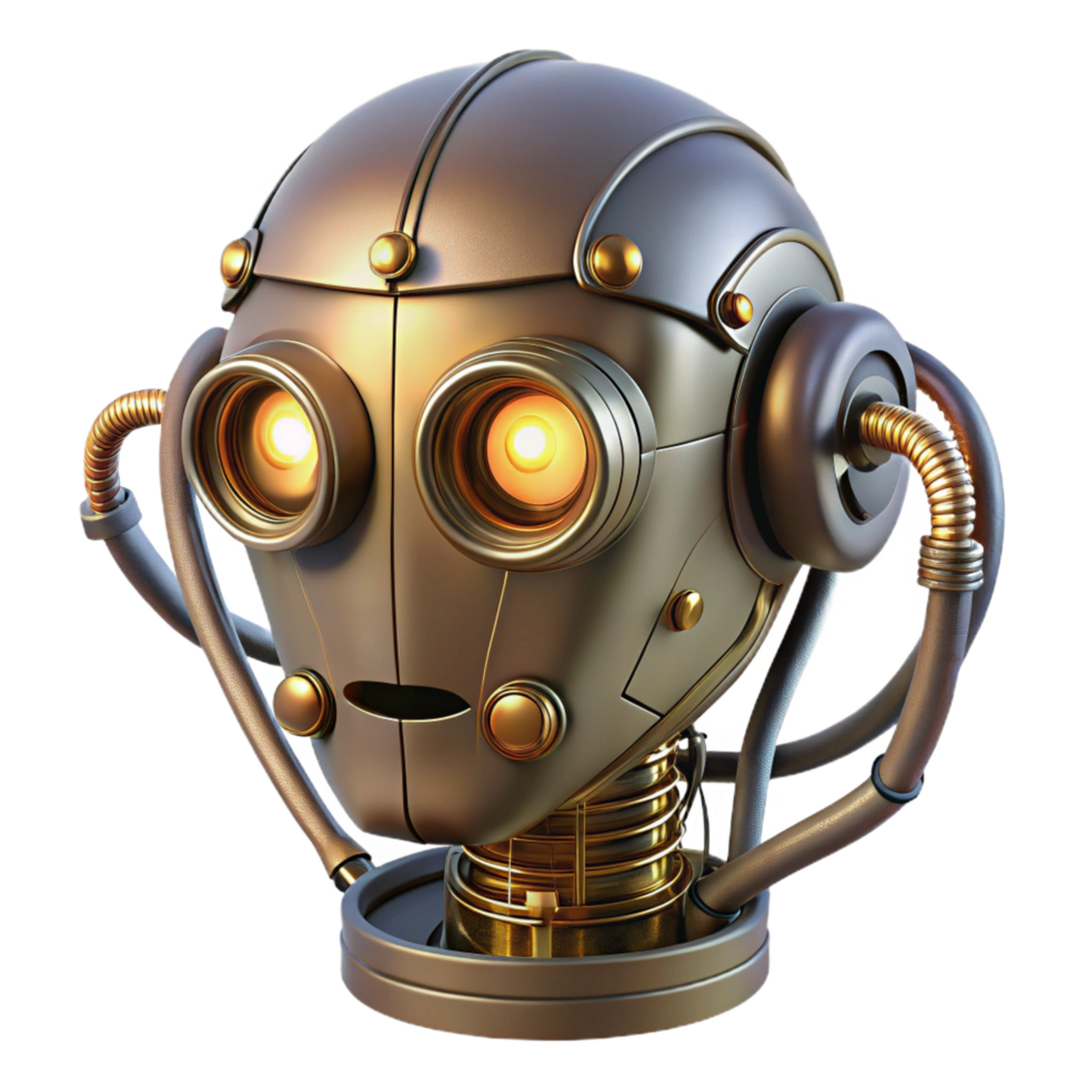 magnificent modern Steampunk robot head with exposed wires and glowing eyes authentic png