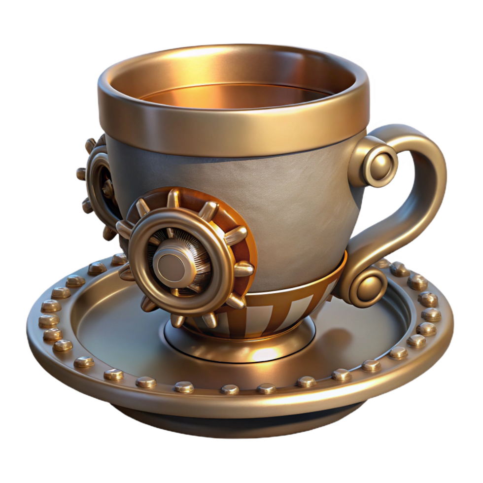 elegant modern Steampunk teacup with a saucer and intricate metallic details authentic png