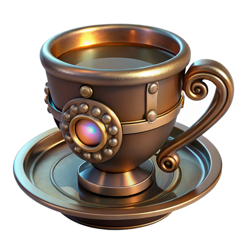 magnificent classic Steampunk teacup with a saucer and intricate metallic details high resolution png