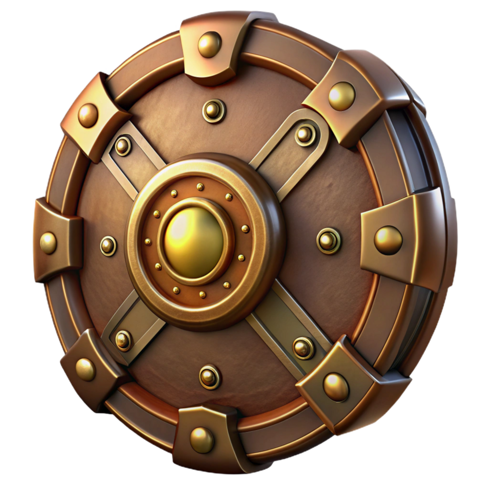 dramatic abstract Steampunk shield with a brass center and intricate clockwork high quality png