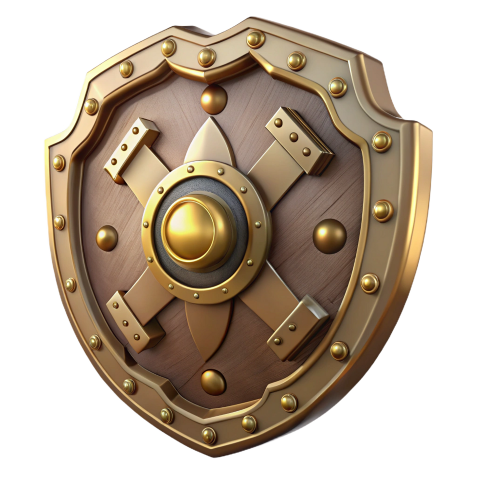 impressive minimalist Steampunk shield with a brass center and intricate clockwork premium png