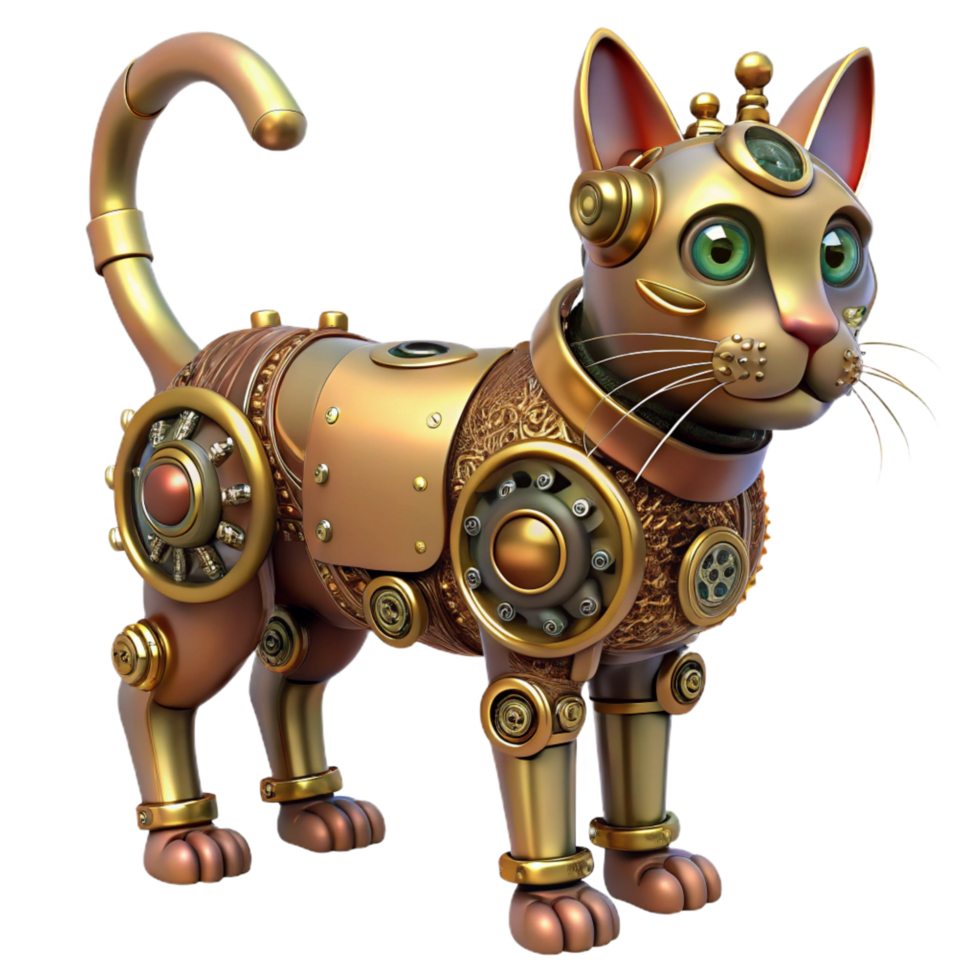 extraordinary traditional Steampunk automaton in the form of a cat with intricate clockwork original png