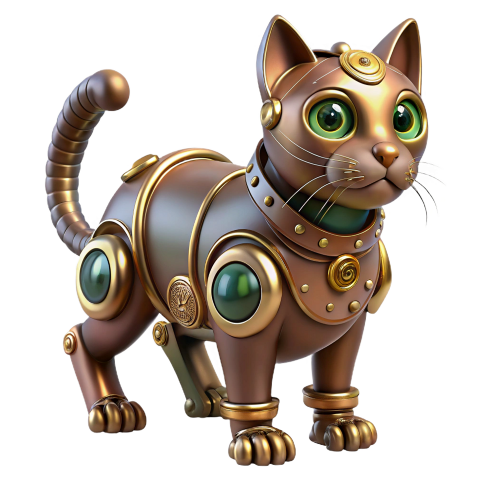 serene creative Steampunk automaton in the form of a cat with intricate clockwork 4K png