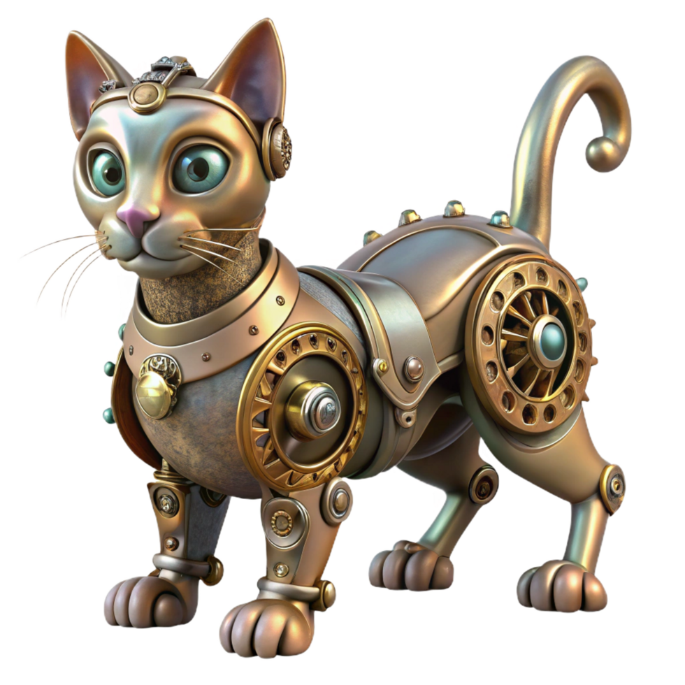 impressive contemporary Steampunk automaton in the form of a cat with intricate clockwork exclusive png
