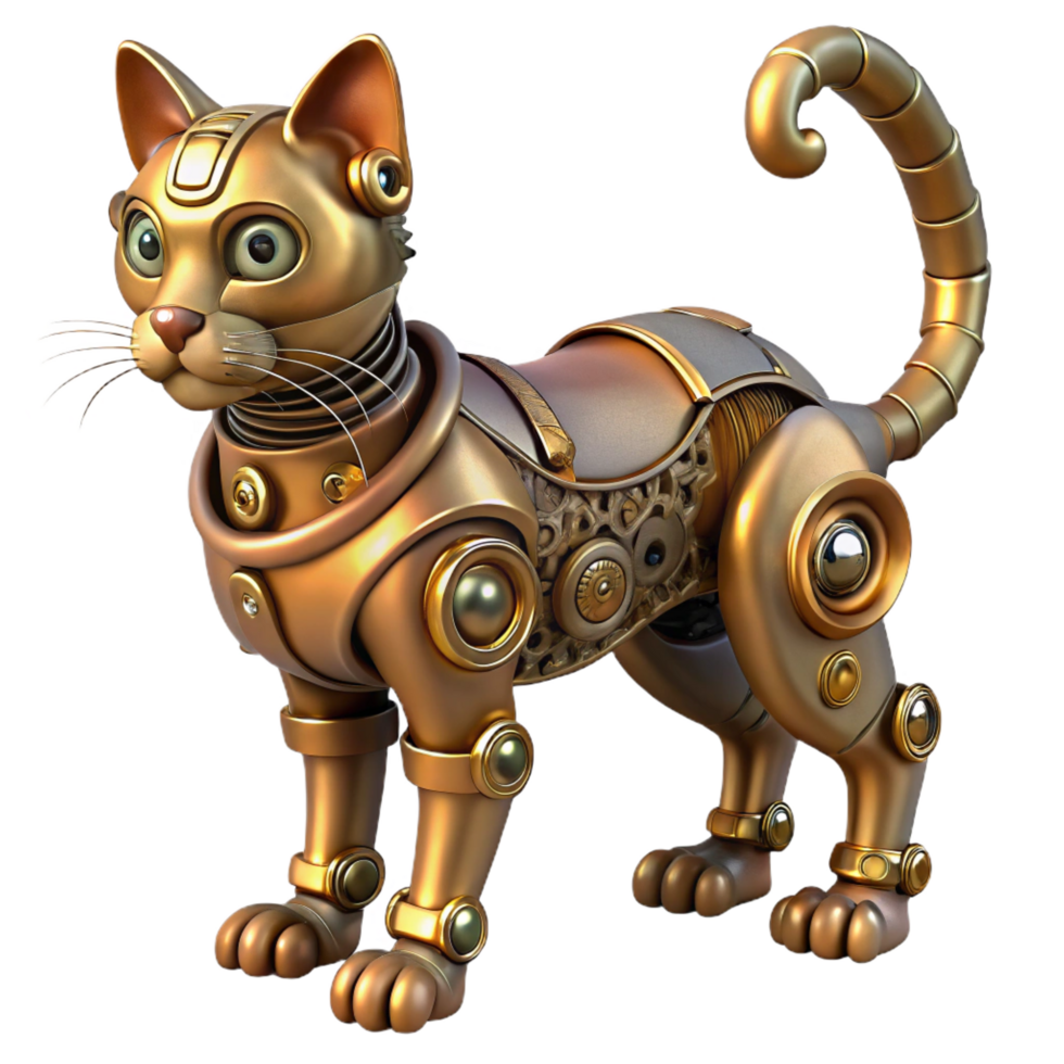 serene contemporary Steampunk automaton in the form of a cat with intricate clockwork 4K png