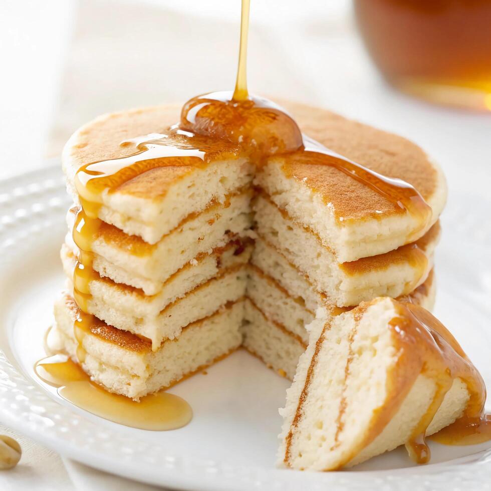 A stack of pancakes with syrup being poured on them photo