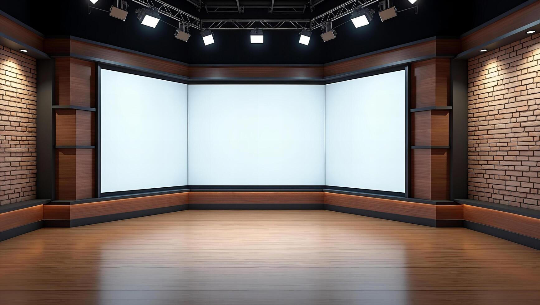 An empty room with a brick wall and a white screen photo