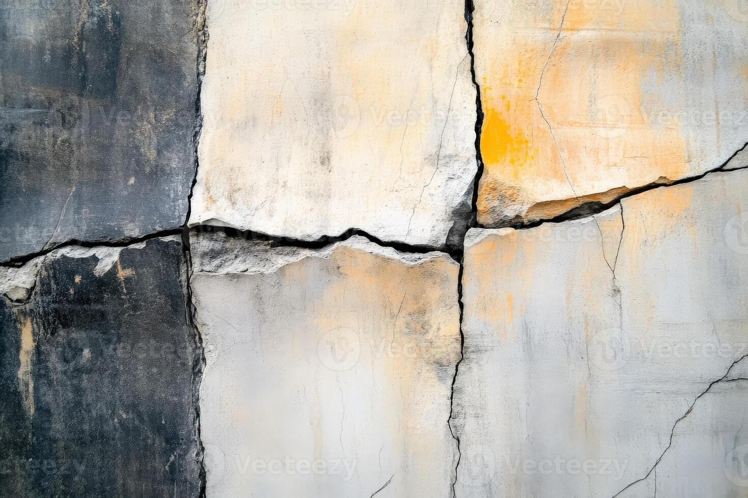 A painting of a cracked wall with yellow and black paint photo