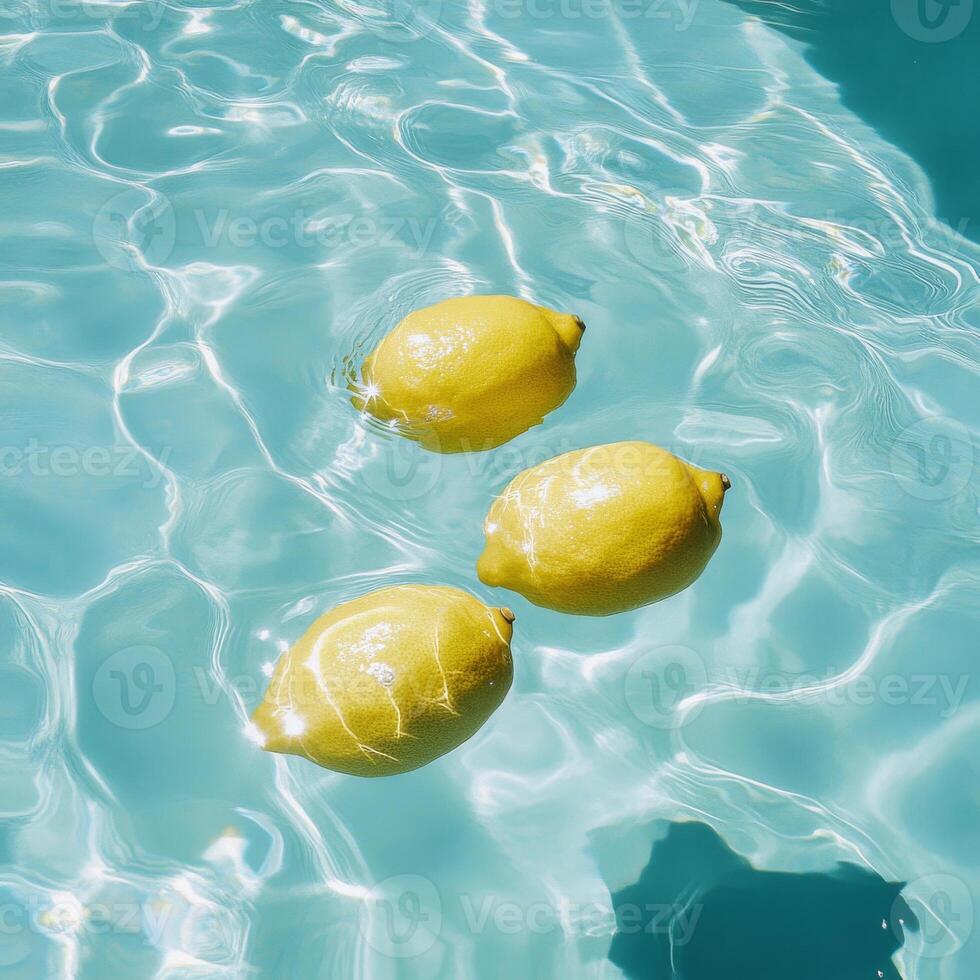 Three lemons floating in clear blue water, creating refreshing and vibrant scene photo