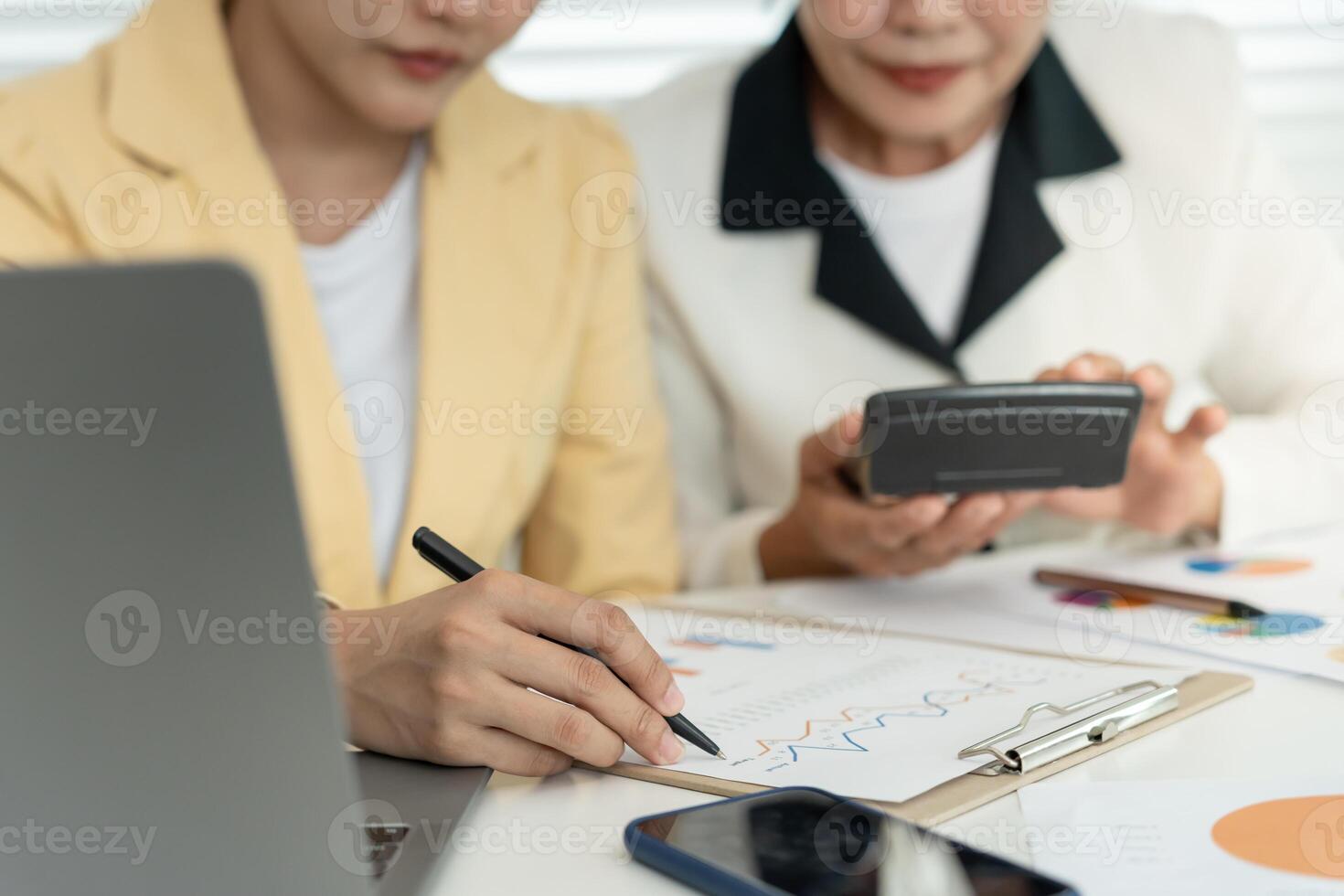 Business team calculate benefit working woman, spreadsheets, graph financial development, bank accounts, statistics, economy, data analysis, investment analysis, stock exchange, rates income photo