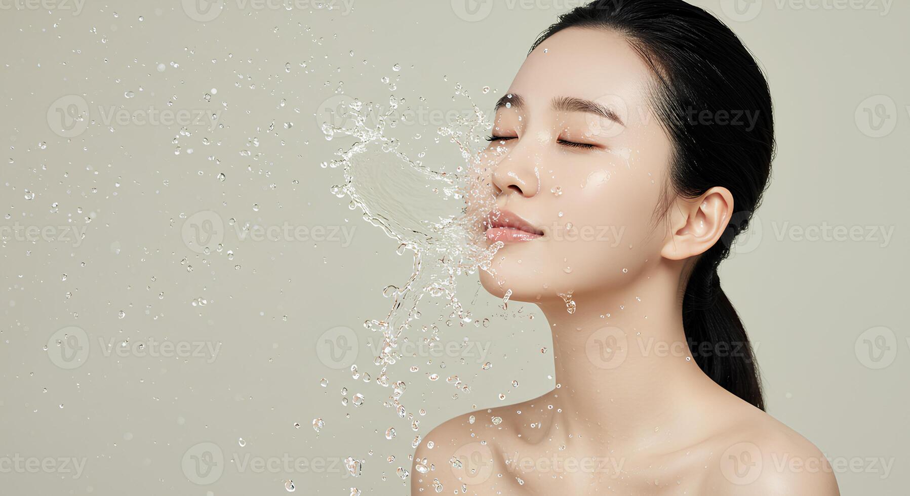 Self-care and beauty routine of an East Asian woman washing her face with water, promoting spa treatments and skincare product use photo