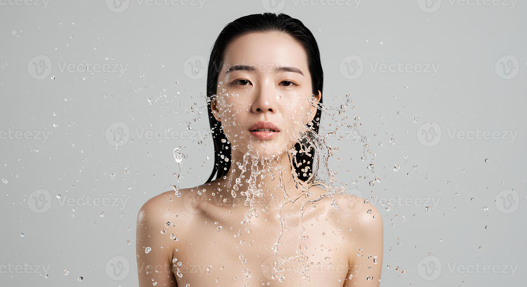 Close-up of an East Asian woman rinsing her face with water, symbolizing purity, freshness, and deep skincare hydration for healthy skin photo