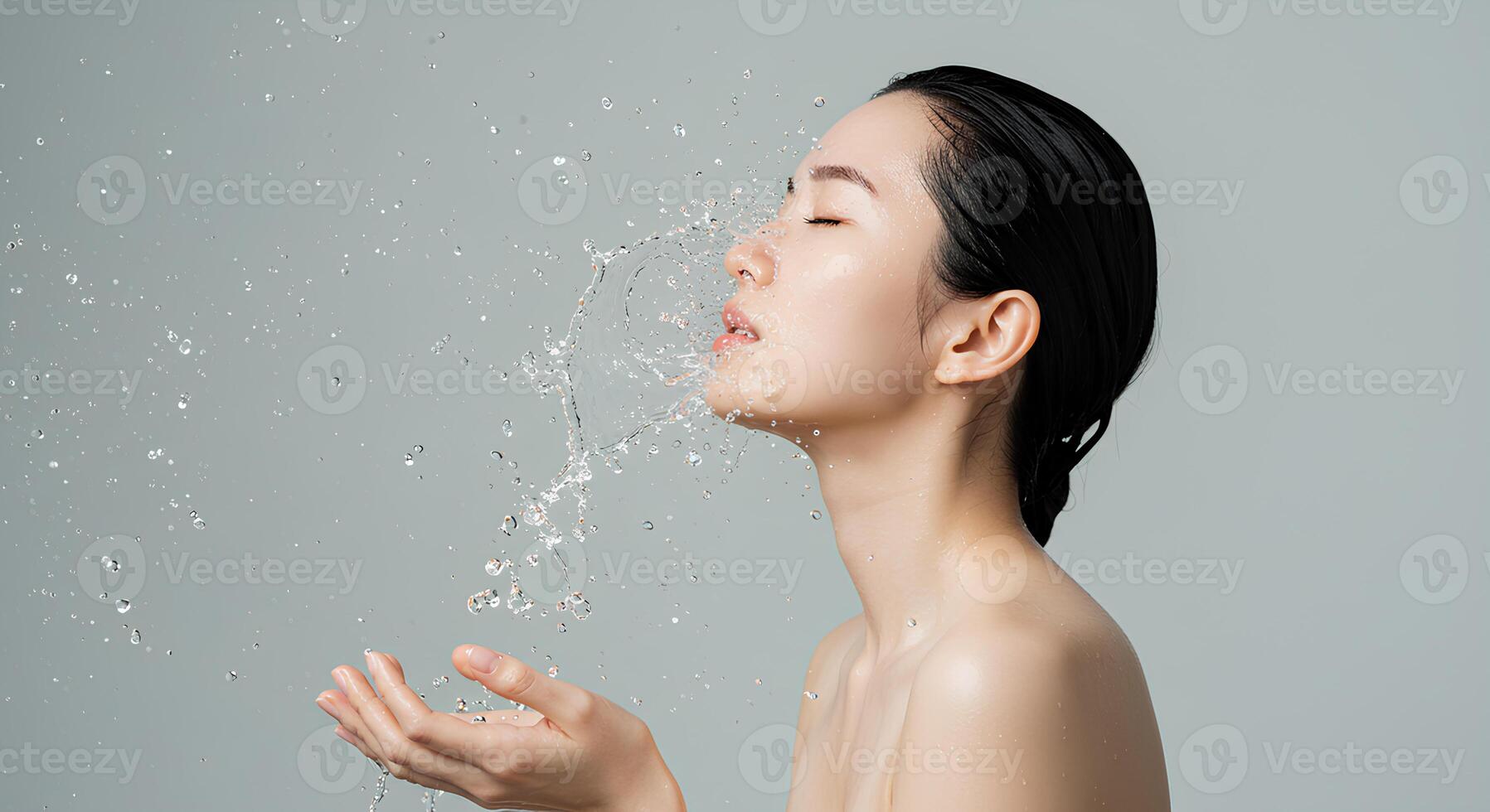 Japanese or Korean woman gently splashing water on her face, highlighting skincare, beauty, and self-care routines for glowing skin photo
