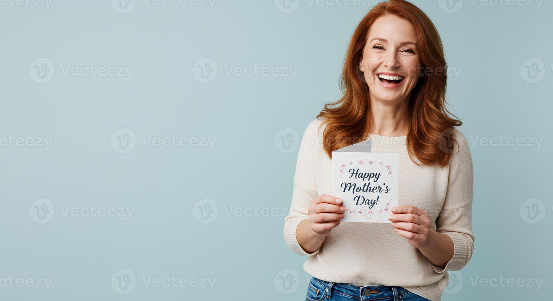 Woman with a joyful expression, holding a Happy Mother's Day card to honor and celebrate motherhood, perfect for festive spring visuals photo