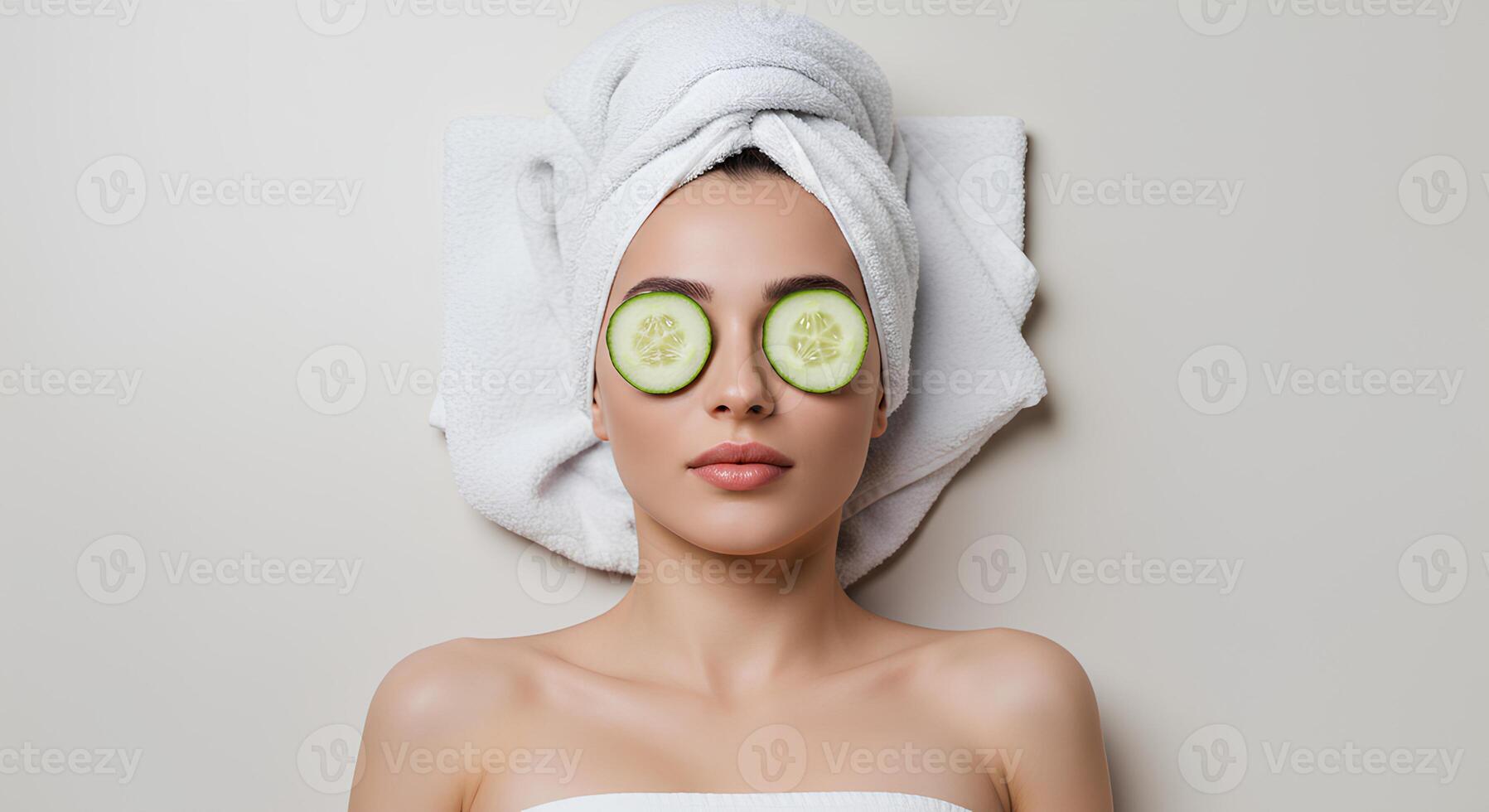 Radiant woman relaxing in a spa with a towel wrapped around her head and cucumber slices applied to her face, representing hydration and self-care rituals photo