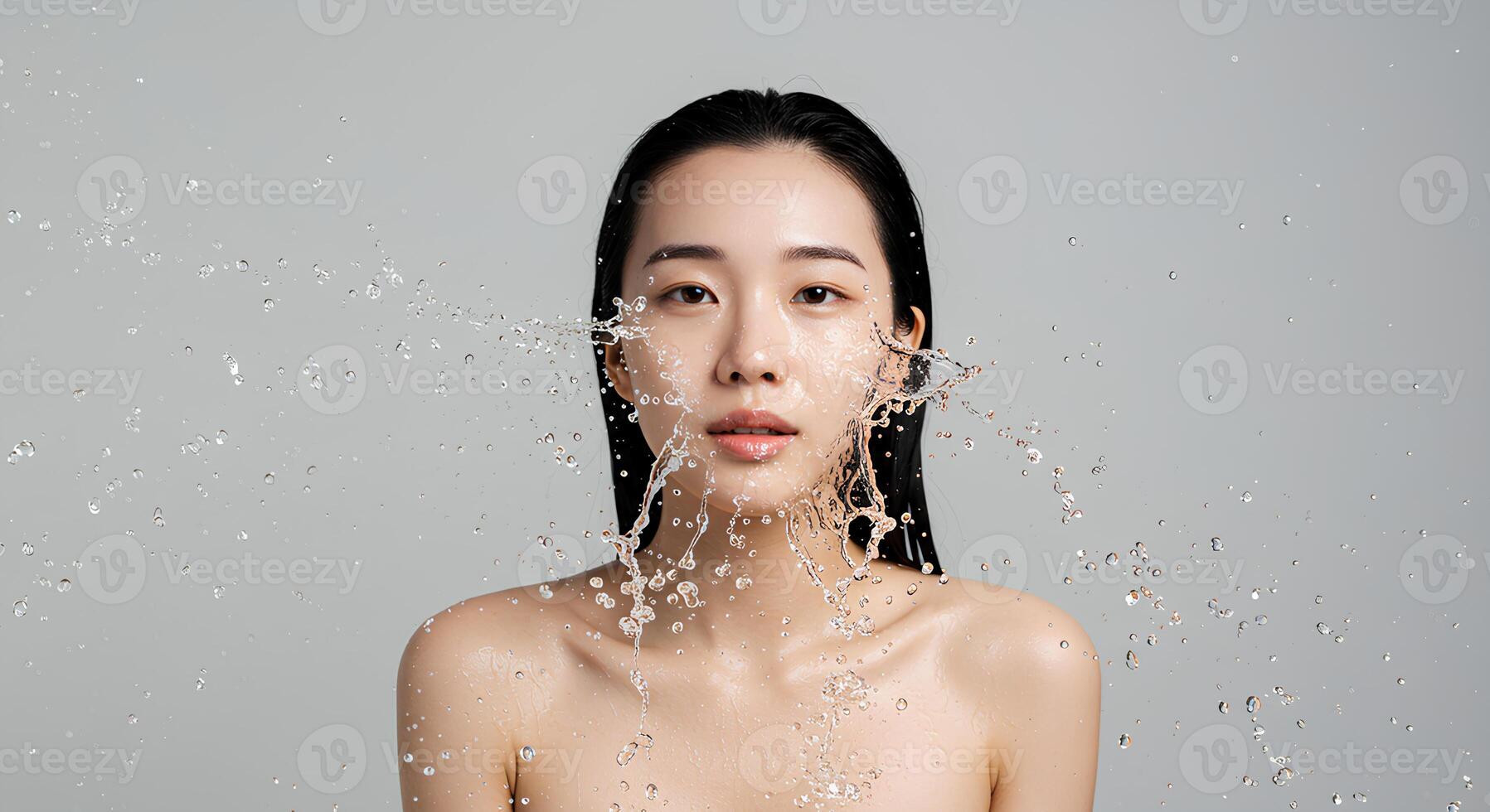 Beautiful Japanese or Korean woman washing her face with water, promoting healthy, hydrated skin in a spa and dermatology setting photo