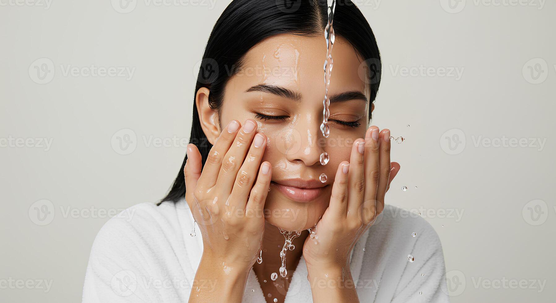 Beautiful woman splashing her face with water for skincare and hydration. Fresh and glowing skin concept with water droplets flying photo