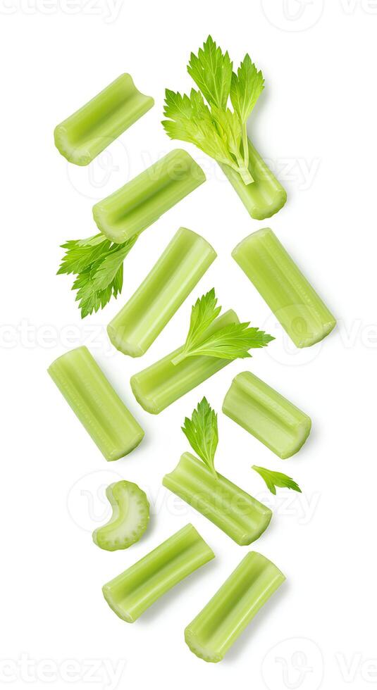 Fresh celery isolated on white background with soft shadow. Crisp and vibrant green celery stick full of vitamins and fiber for healthy eating, diet, and nutrition concepts photo