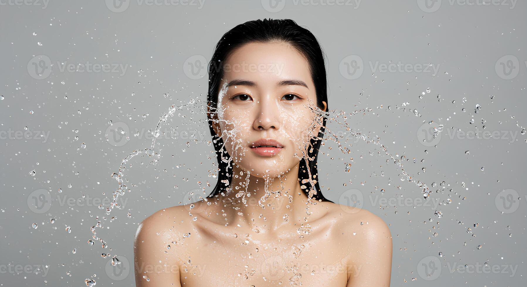 Refreshing skincare moment of an East Asian woman washing her face with water for hydration, moisture retention, and skin barrier support photo