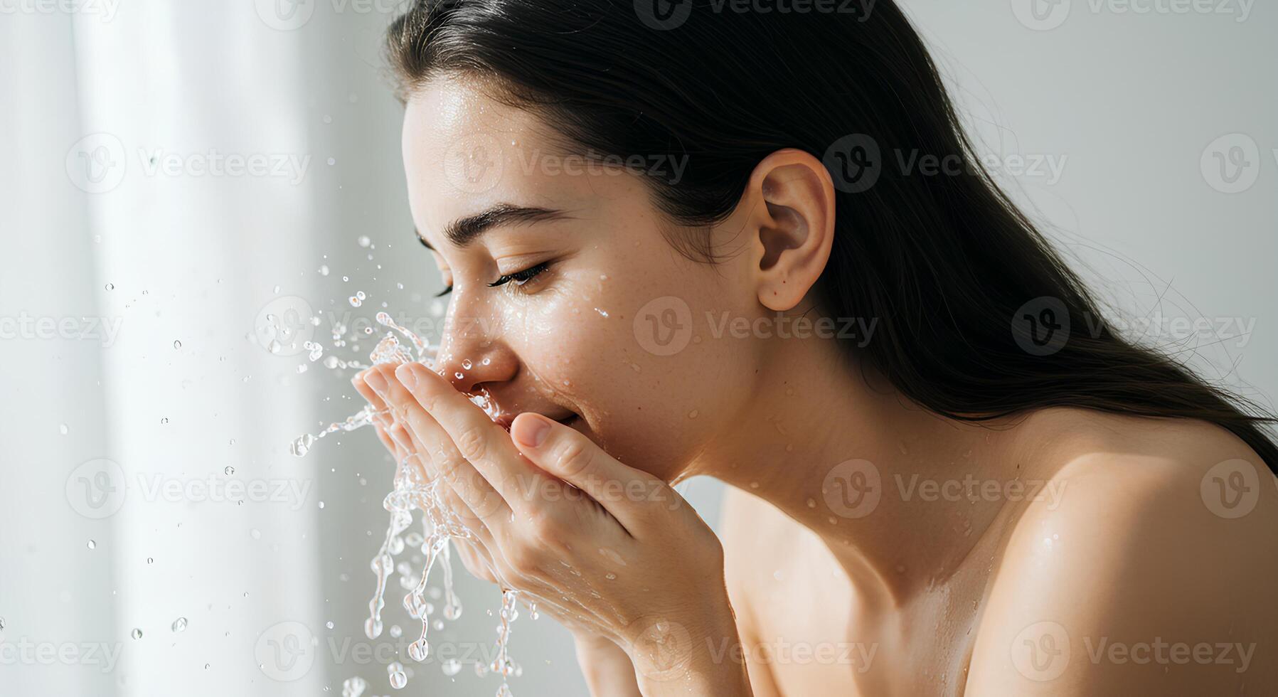 Young woman washing her face, water splashing around. Healthy skincare, deep cleansing, and hydration routine for glowing skin photo