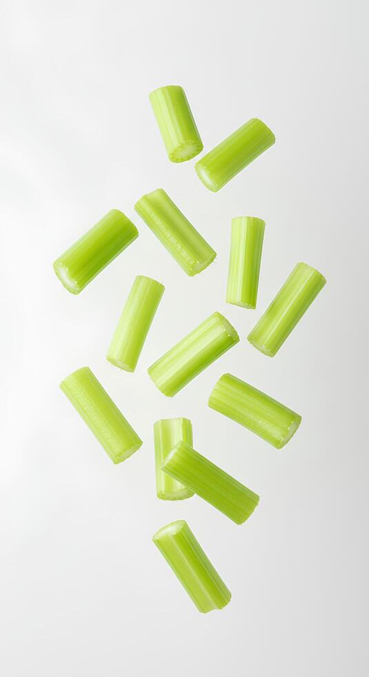 Fresh crunchy celery stick isolated on white background with subtle shadow. Healthy and nutrient-rich vegetable perfect for smoothies, salads, and low-calorie meal ideas photo