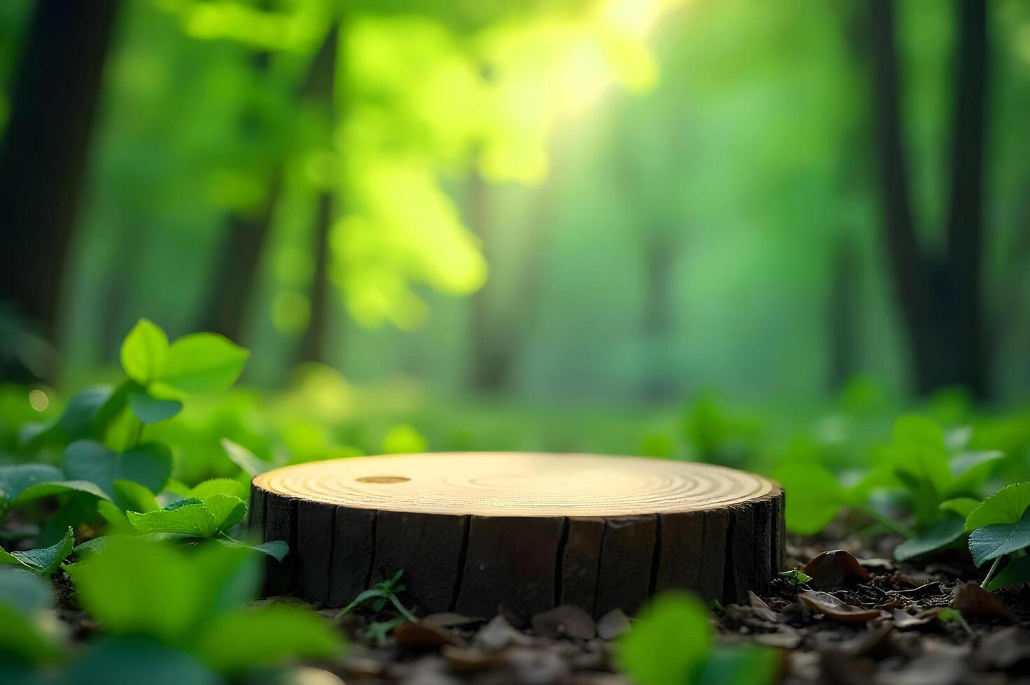 Wooden product display podium for cosmetic product with green nature garden photo