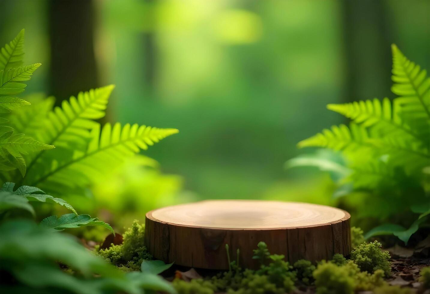 Wooden podium in tropical forest for product presentation and green background photo