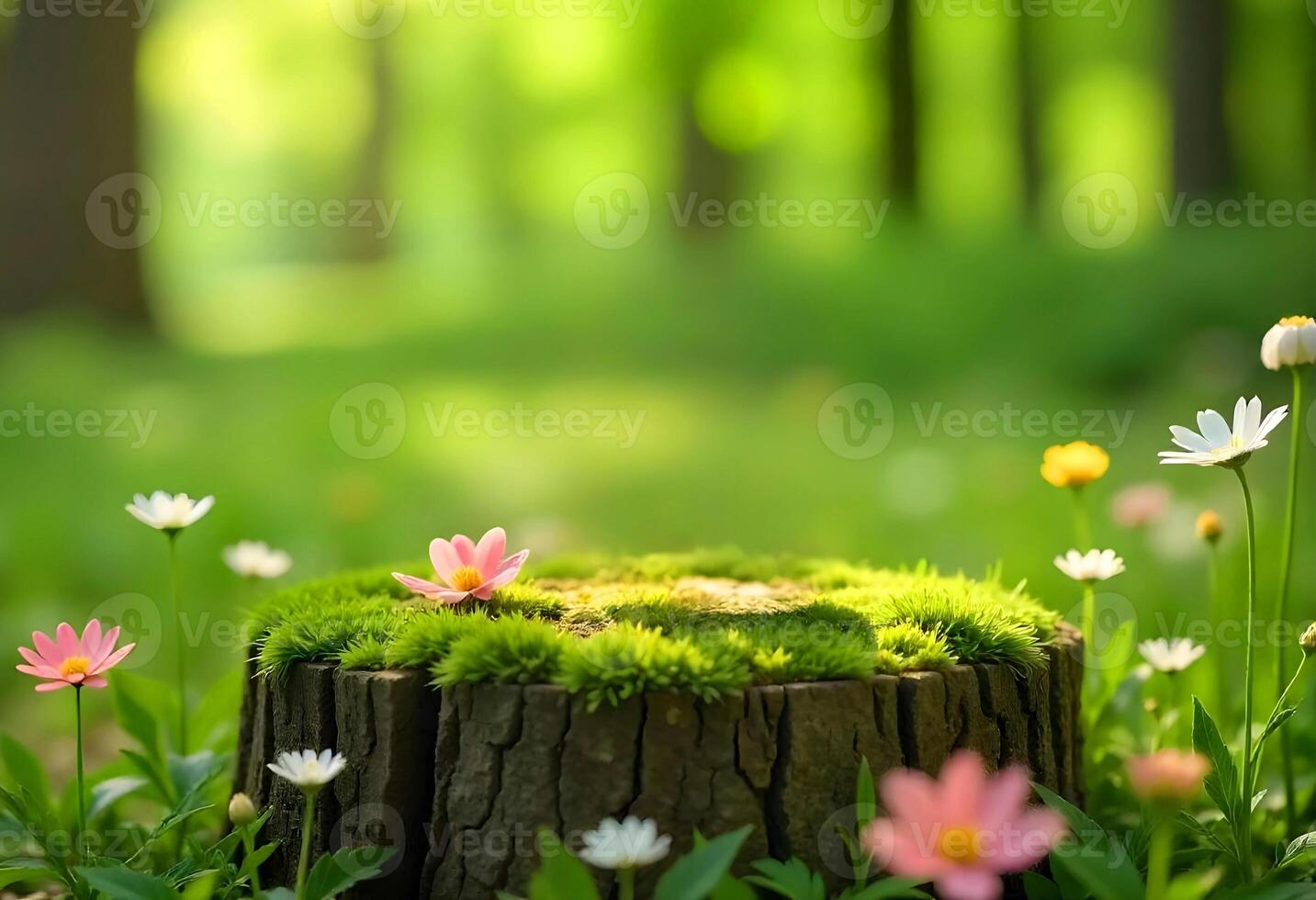 Wooden display podium for product on green grass blurred flower tropical forest plant nature background. photo
