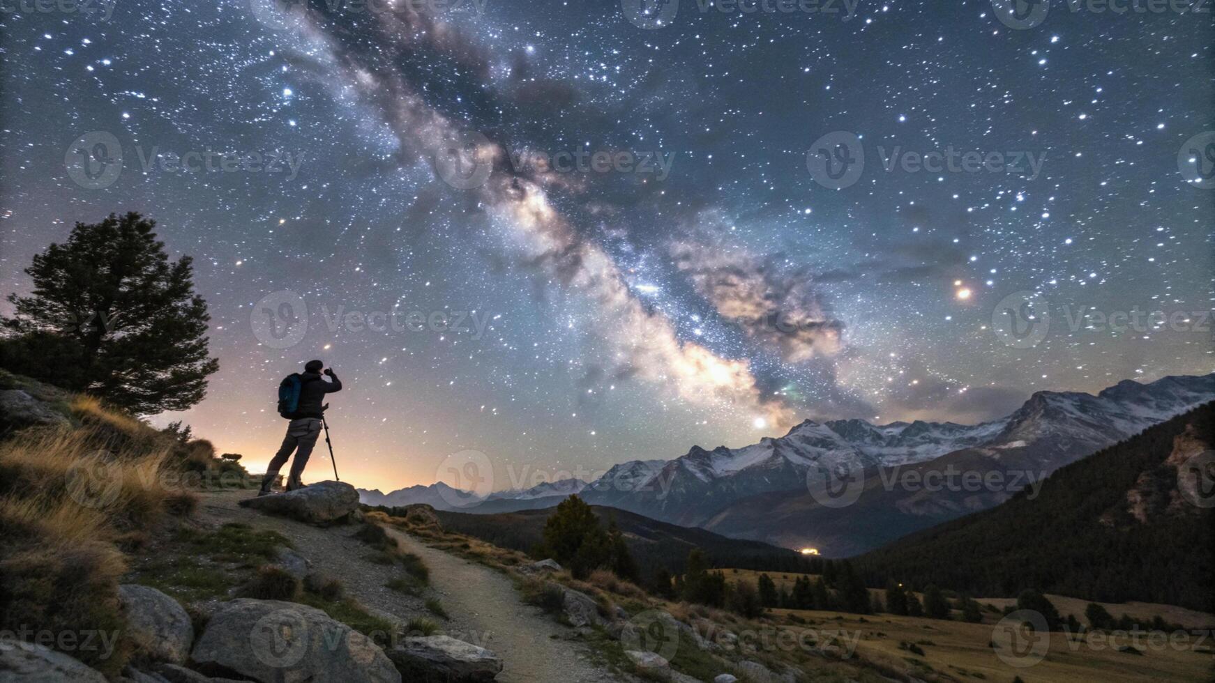 a man standing on a mountain with a camera and a milky in the background photo