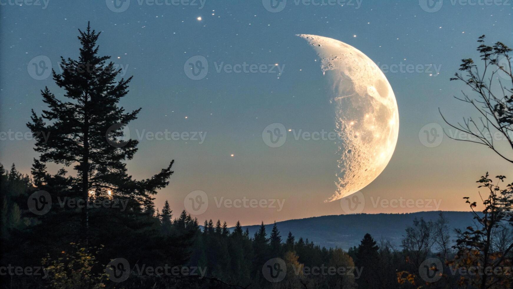 the moon is seen in the sky over a forest photo