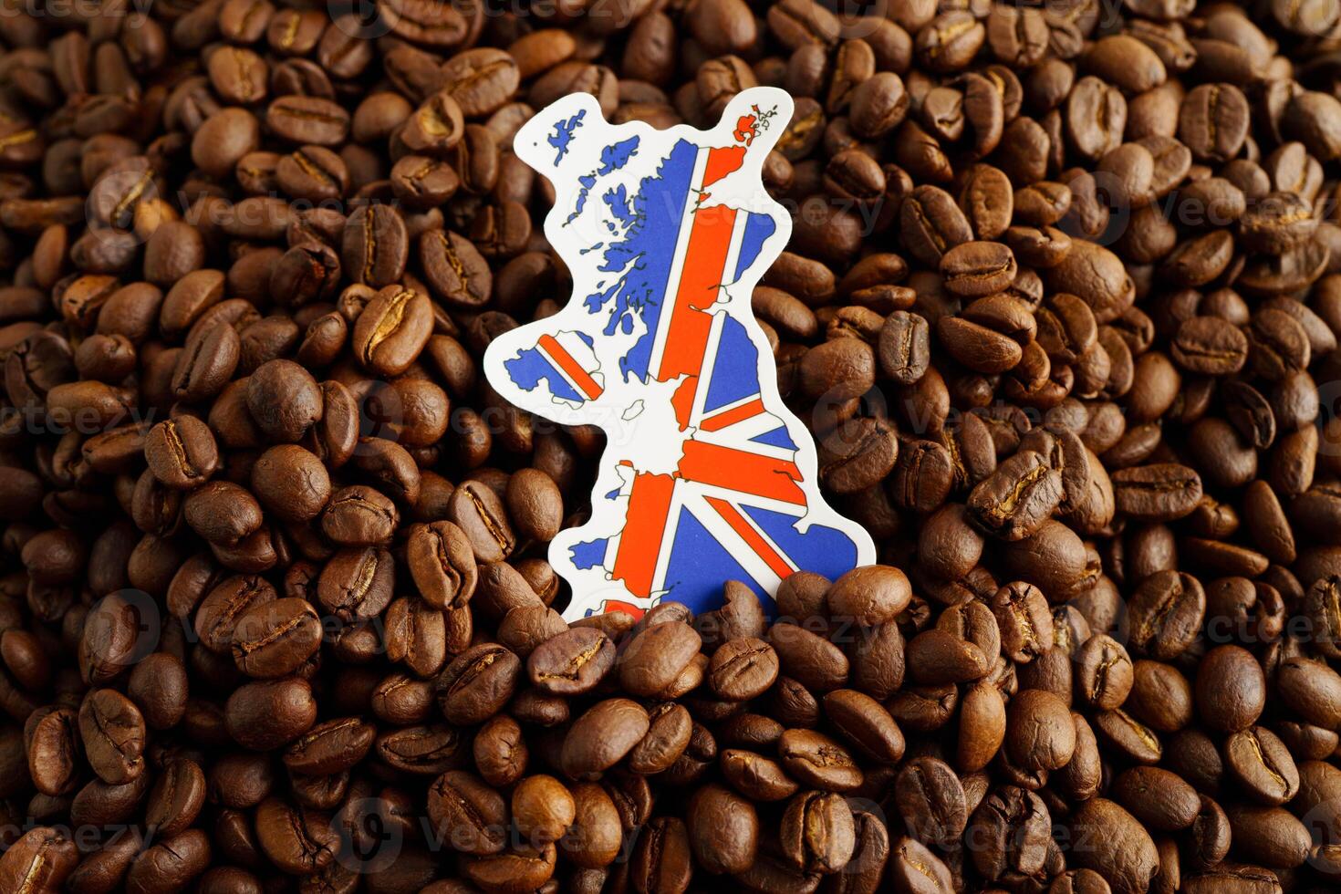 UK flag on coffee beans, shopping online for export or import food product. photo