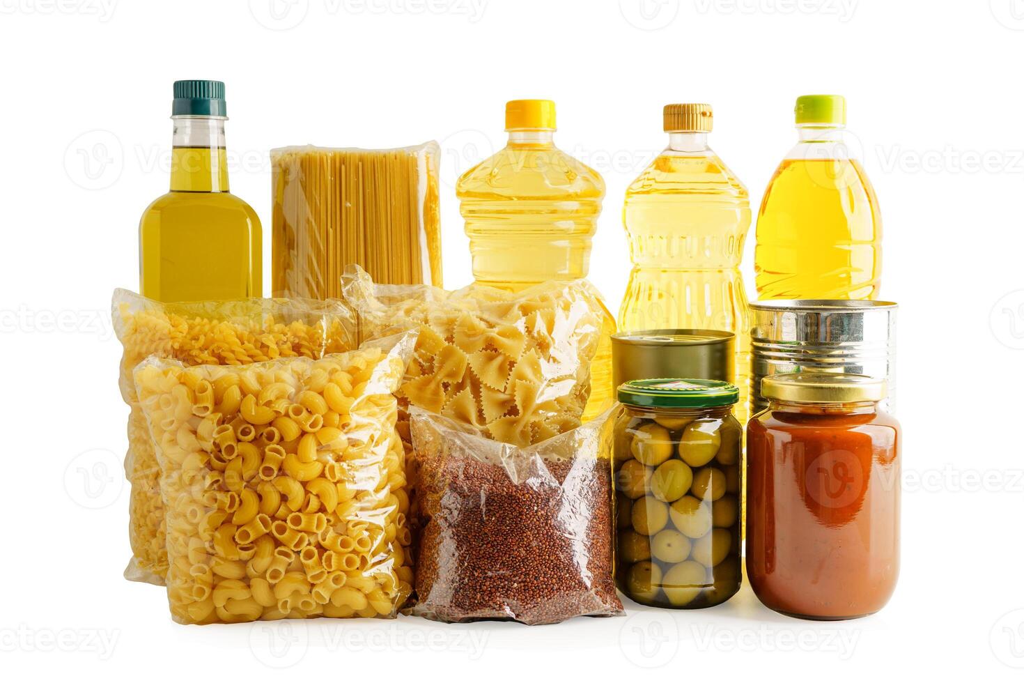 Foodstuffs in donation box isolated on white background with clipping path for volunteer to help p photo