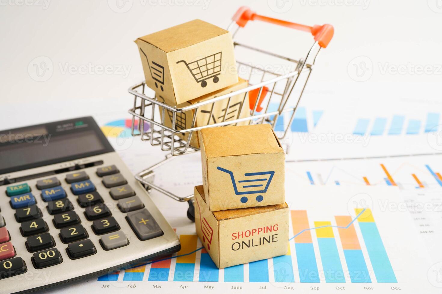 Online shopping, Shopping cart box on business graph, import export, finance comm photo