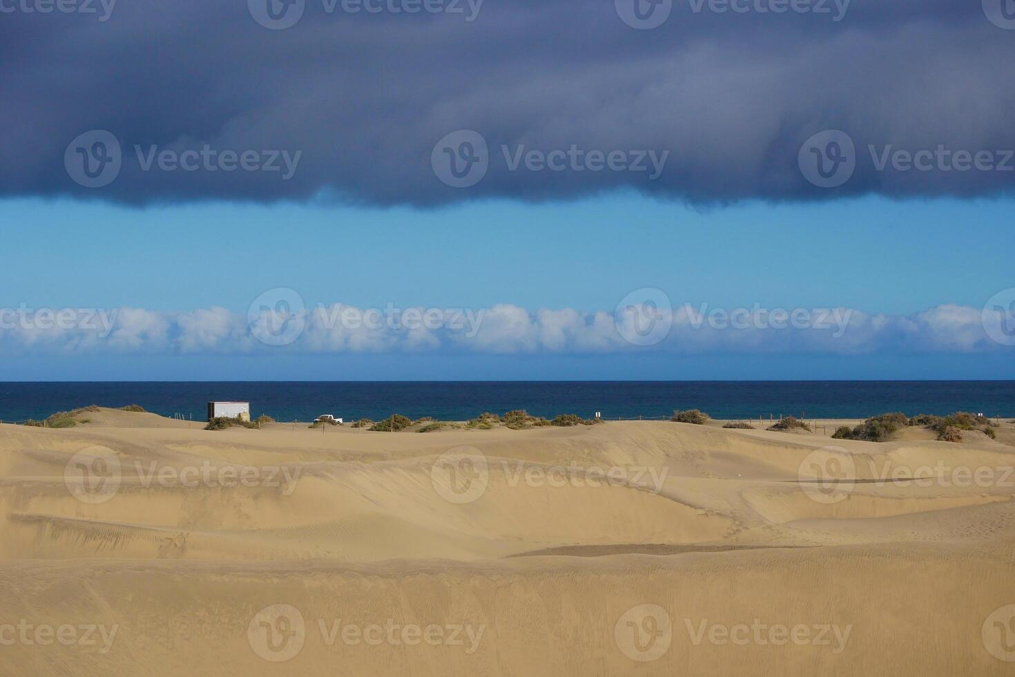 Sand dune with a beach at the background in Maspalomas, Gran Canaria photo