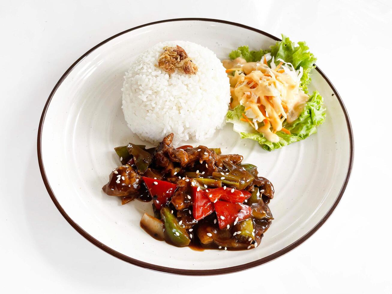 Black pepper beef rice appetizer photo
