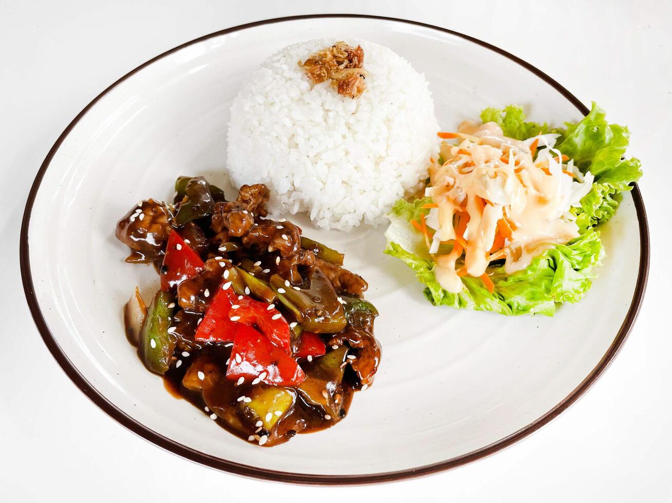 Black pepper beef rice and appetizer photo