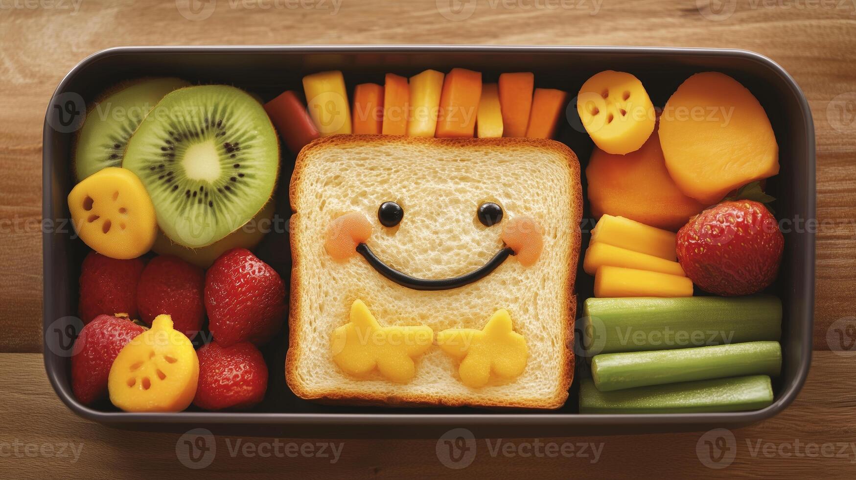 Childs lunch box featuring a fun arrangement of healthy foods, including a smiling sandwich. 10 photo