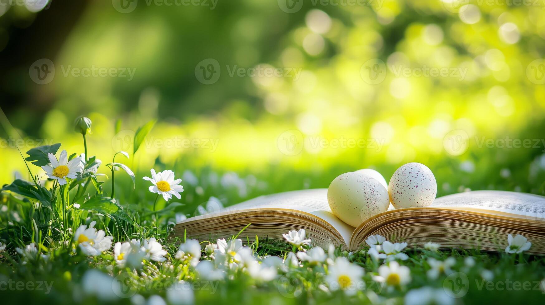 An open book with Easter eggs on the grass, flowers in the background. 16 photo
