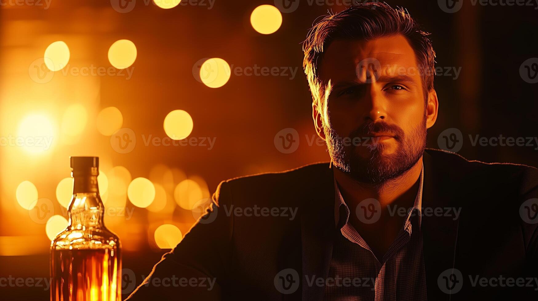A lonely man sitting at a bar, a half-empty whiskey bottle in front of him. 4 photo
