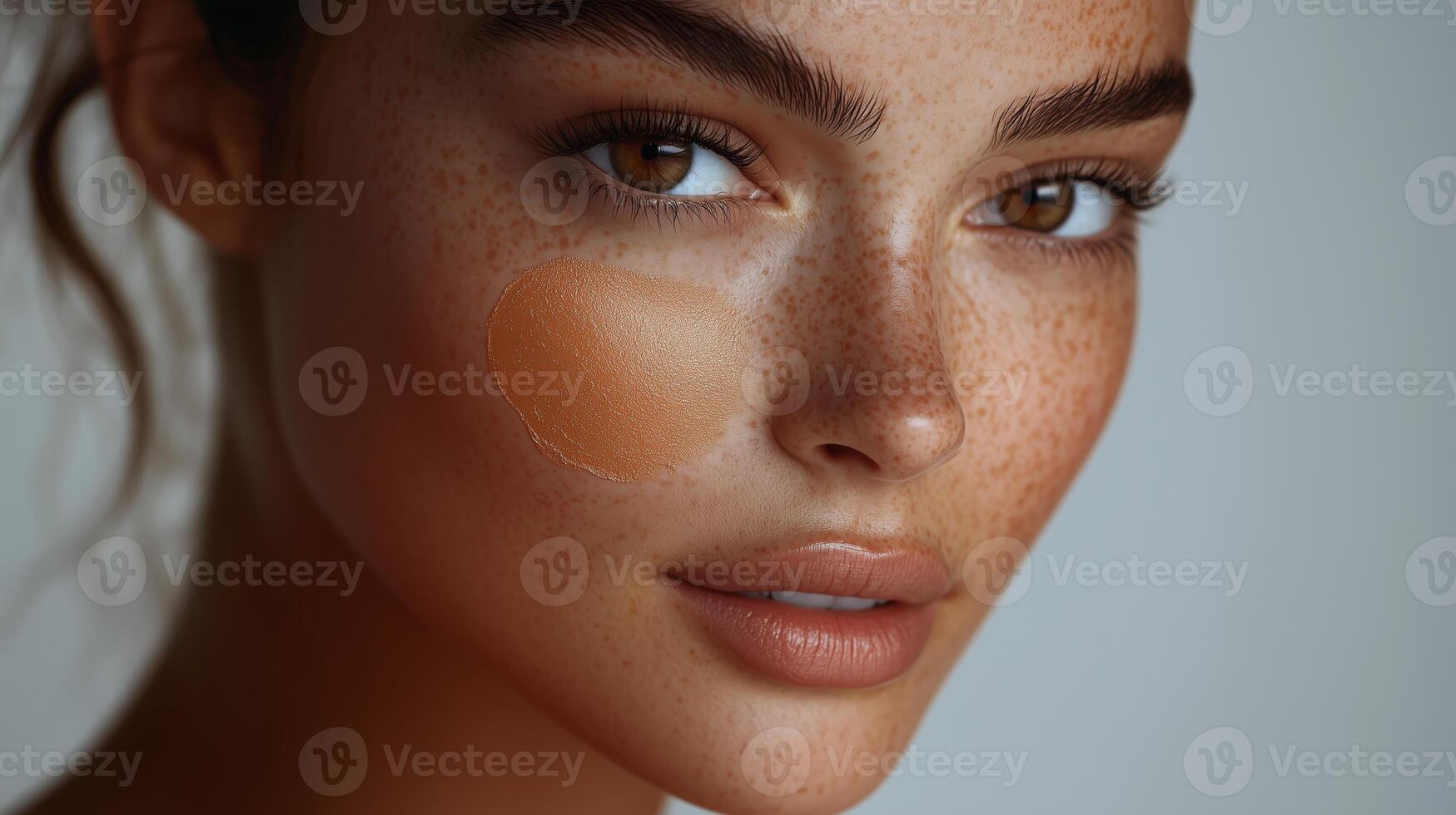 The model's face with liquid foundation to her cheek, with visible color swatches on her skin. 5 photo