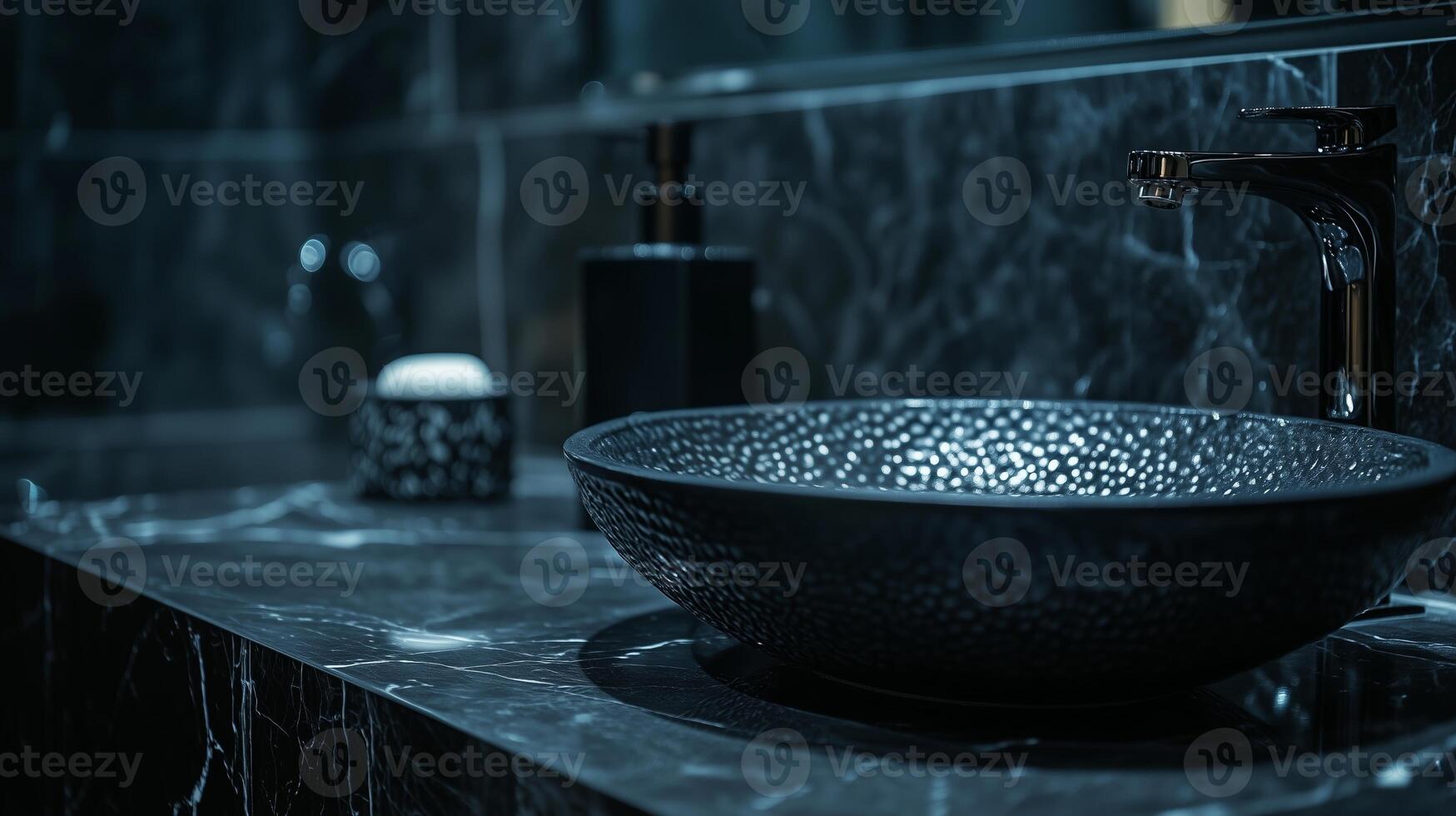 A black marble bathroom with a black textured sink and the beauty skin product. 7 photo