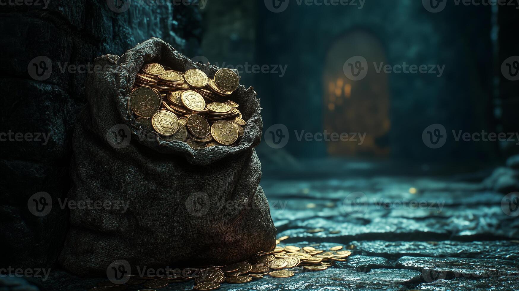 A small brown bag full of gold coins is standing on a cracked stone floor in a dark castle. 1 photo