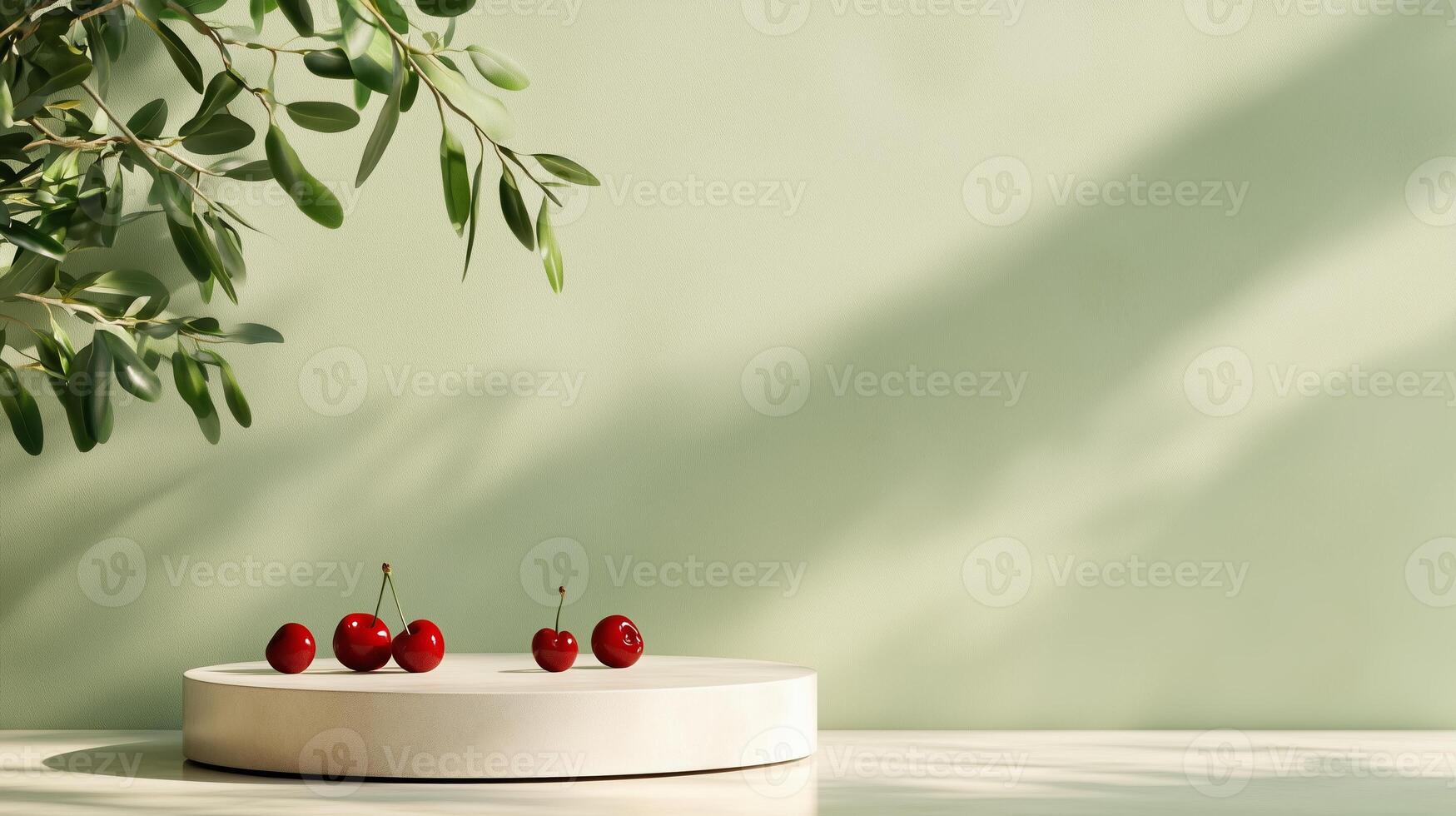 The pedestals of varying sizes and red cherry fruits with olive tree leaves are placed on the table. 6 photo