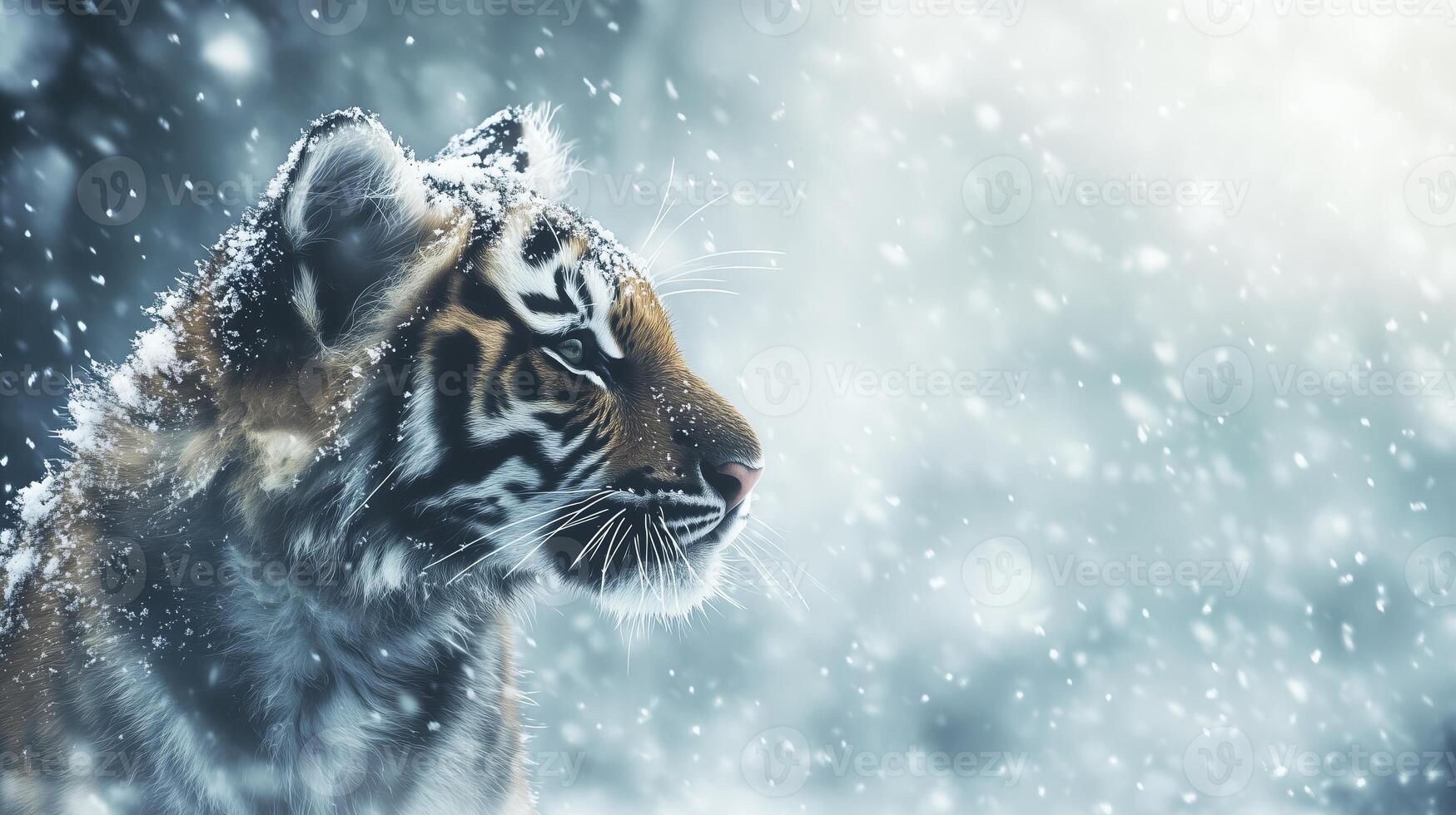 A tiger, in the midst of snow, with heavy snowfall. 13 photo