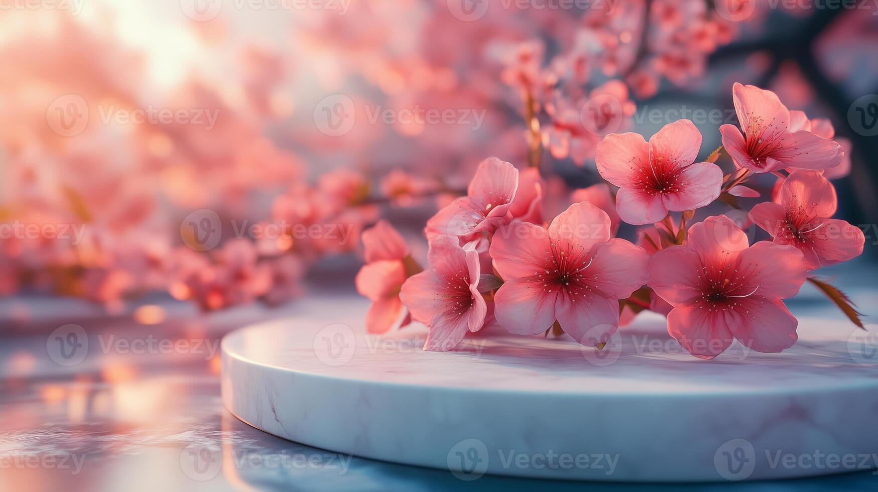 A round podium with pink sakura flowers on it, a blurred background with blooming cherry. 14 photo