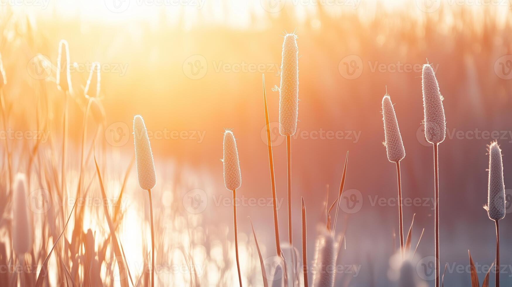 Cattails in the mist on an overcast lake at dawn, muted pastel colors. 12 photo